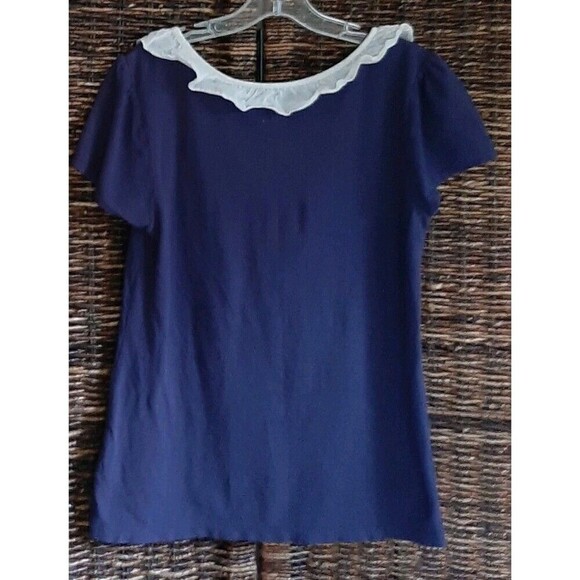 Anthropologie Little Yellow Button Tee Small Blue Pintuck Ruffle Twee Coquette - Picture 4 of 8